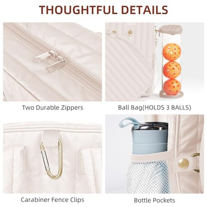 Women's Pickleball Bag with Ball Bag, Waterproof Pickle Ball Bag Tote Shoulder Bag - color: Cream