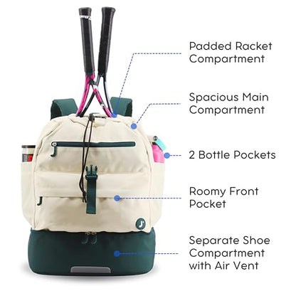 J World Ace 2 Racket Tennis Backpack for Women Men. Badminton Squash Pickleball Bag. Kids Sports Gym Bag w/Shoe Compartment - color: Green White