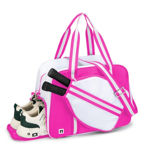ROYALFAIR Pickleball Tote Bag for Women Men Large Capacity with Paddle Cover Pocket Internal Shoe Pocket and Adjustable Shoulder strap - color: Pink