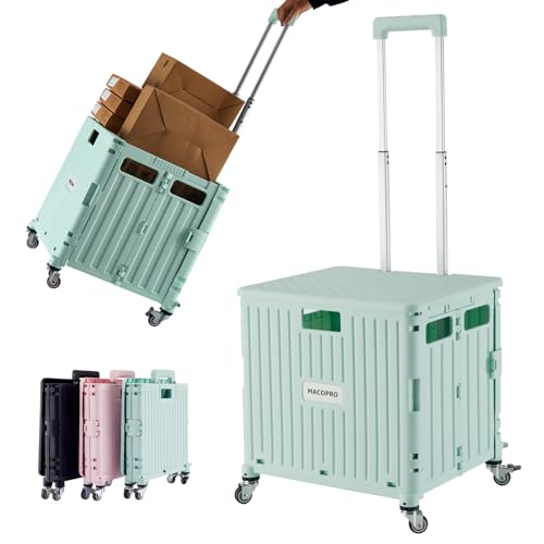 MACOPRO Folding Utility Cart Portable Rolling Crate Handcart Shopping Trolley Collapsible Tool Box, with Lid, Basket on 4 Rotate Wheels, for Grocery, Office, Teacher, Travel Shop Move Luggage (Green) - color: Green