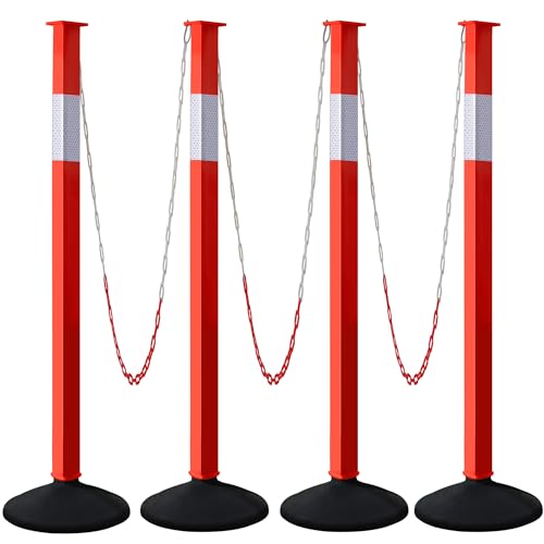 4 Pack Traffic Delineator Post Cones with Weighted Base & Reflective Collars, Adjustable Orange Traffic Safety Barrier with Plastic Chains for Parking Lot Driveway Road - color: Orange