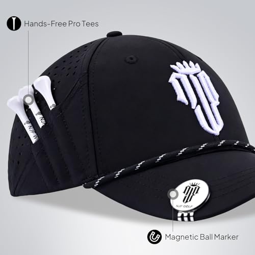 NJF Golf Hat Men - Breathable Mens Golf Hats, Adjustable Rope Hook and Loop Style Cap, Convenient Cap with Tee Holder - color: Black