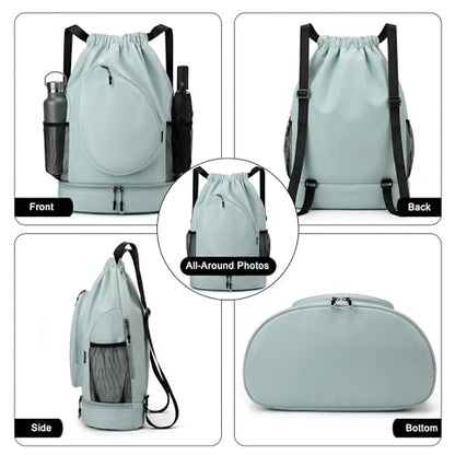 Sports Drawstring Backpack, Badminton Gym Bag Holds 2 Rackets with Shoe Compartment, Off-work, Everyday & Overnight Weekend - color: Light Blue