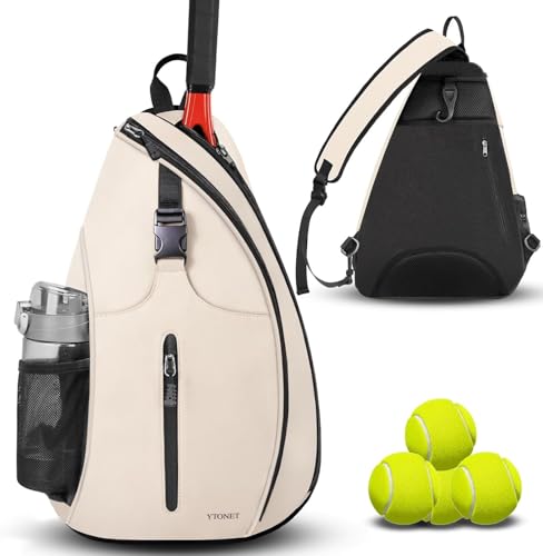 Ytonet Tennis Bag, Tennis Sling Backpack Crossbody Water Resistant for Men Women, Compatible for Pickleball Badminton Rackets - color: Beige, size: Large