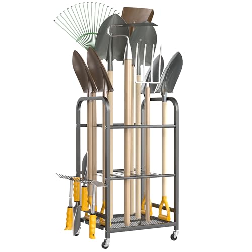 Ultrawall Garden Tool Organizer Stand, Yard Tool Storage Rack with Lockable Wheels, Garage Tool Storage for Rake, Brooms, Indoor & Outdoor Use
