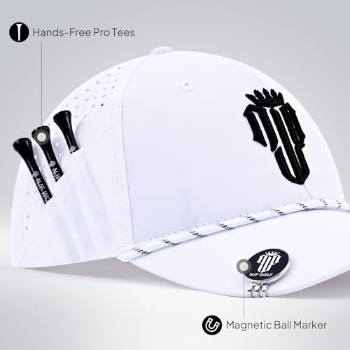 NJF Golf Hat Men - Breathable Mens Golf Hats, Adjustable Rope Hook and Loop Style Cap, Convenient Cap with Tee Holder - color: Arctic White