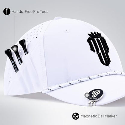 NJF Golf Hat Men - Breathable Mens Golf Hats, Adjustable Rope Hook and Loop Style Cap, Convenient Cap with Tee Holder - color: Arctic White