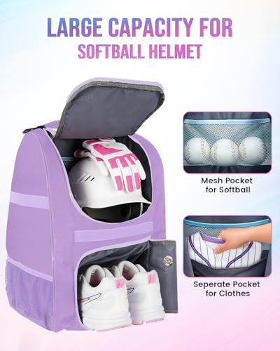 MATEIN Softball Bag, Lightweight Baseball Backpack with Shoe Compartment, Baseball Bag with Fence Hook for TBall Bat & Equipment, Softball Gifts Catchers Backpack for Women Fit Catcher’s Mitt, Helmet - color: Purple - Large