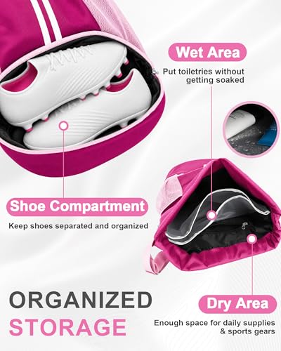JELUTAR Soccer Bag, Drawstring Soccer Backpack with Shoe Compartment, Water Resistant Sport Gym Bags for Volleyball Basketball Football Beach Swim Pool - color: Rose Pink