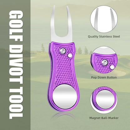 Mile High Life Golf Divot Repair Tool, All Metal Foldable Divot Tool with Pop-up Button & Magnetic Ball Marker - color: Purple Bone