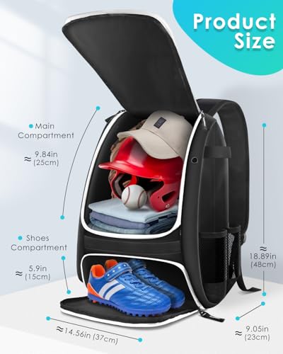 BROTOU Baseball Bag, Softball Bag for Baseballgear & T-Ball Bat, Baseball Backpack with Shoes Compartment for Men/Women - color: Black