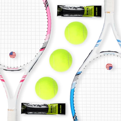 Pro Tennis Racket for Adults, 2 Player 27 inch Speed Tennis Racquet Acceptable for Beginner and Professional with 3 Tennis Balls, 2 Vibration Dampes, 2 Overgrips, Tennis Bag - color: Pink-Blue
