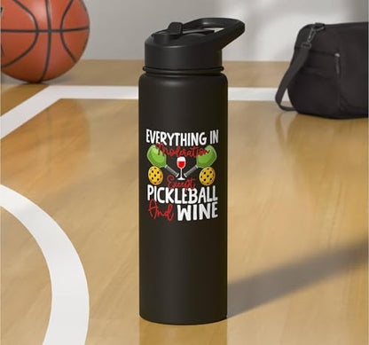 Funny Pickleball Paddle Wine Everything In Moderation Except Stainless Steel Insulated Water Bottle - color: Black