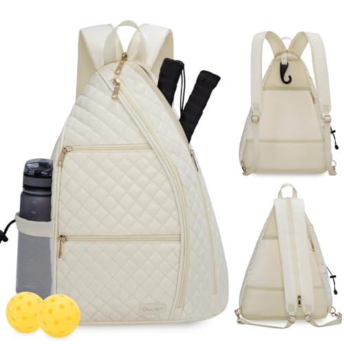 Women's Pickleball Backpack - Quilted Crossbody Sling Bag for Tennis & Pickleball Paddle - color: Beige, size: Medium