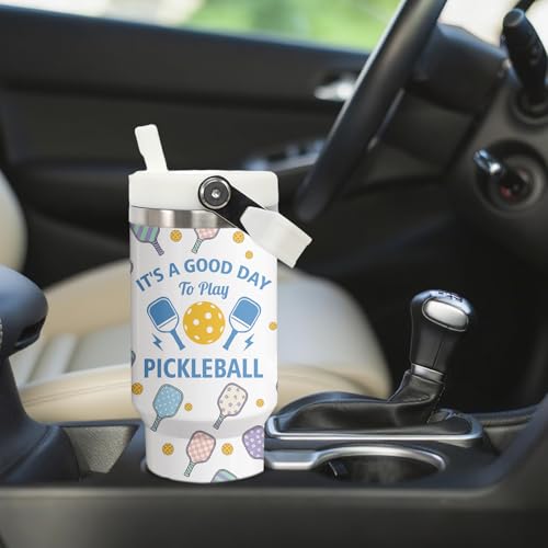 30 oz Tumbler with Handle Flip Straw Leak Proof - Pickleball Mug 30oz Tumbler Travel Coffee Mug with Handle - Birthday Gifts for Women Men Pickleball Lovers Players 30 Ounce Stainless Steel Cup - color: Pickleball White