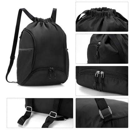 Valleycomfy Sports Gym Bag Drawstring Backpack with Shoes Basketball Bag and Two Water Bottle Holder,Black