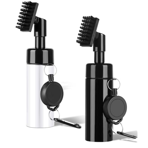 Golf Club Cleaner Brush 2 Pack - 7 Inch Golf Water Brush with 5 Oz Leakproof Bottle, Nylon Bristles & Retractable Hook, Black & White