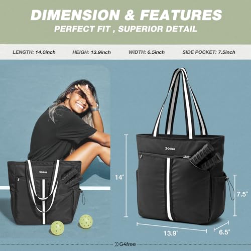 G4Free Pickleball Bag, Pickleball Tote Bag for Women Men, External Ball Bag with Shoe Compartment & Paddle Cover Pocket - color: Black