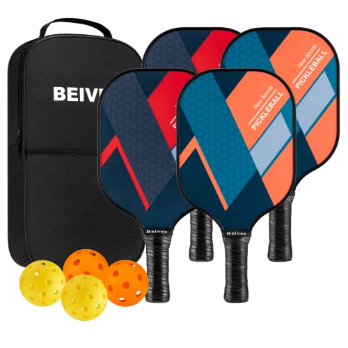 Pickleball Paddles, USAPA Fiberglass Pickleball Paddles Set of 4, Pickleball Set with 4 Pickleball Rackets, Including 4 Pickleballs & 1 Carry Bag, Pickle Ball Paddles Set for Men, Women - color: 1.Orange&Red-set of 4