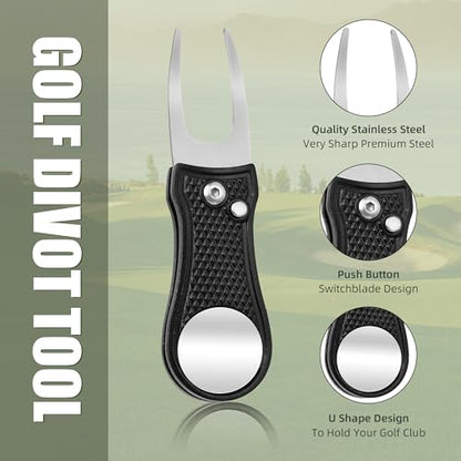 Mile High Life Golf Divot Repair Tool, All Metal Foldable Divot Tool with Pop-up Button & Magnetic Ball Marker - color: Black Bone