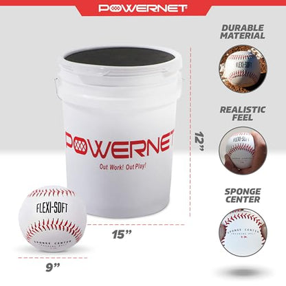 PowerNet Baseball Bundle, Padded Bucket with 24 Practice Baseballs or Flexi-Soft Training Balls, Portable Pitching & Batting Practice Equipment