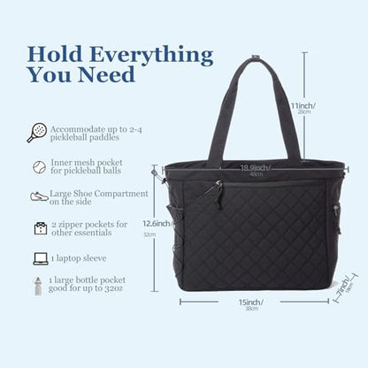 Pickleball Bag Fits 2 to 6 Paddles, Quilted Pickle ball Tote Bags for Women and Men with Shoe Compartment and Fence Hook, Great Pickleball Gifts - color: Black