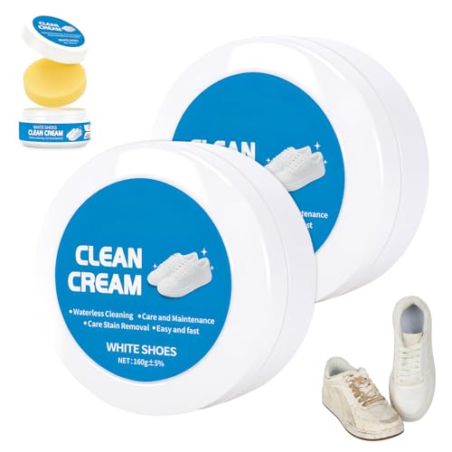2PCS White Shoe Cleaning Cream, Multipurpose No-Wash Solid Paste with Sponge,Multipurpose White Shoes Clean Cream, Shoes Cleaner for Leather Sneakers Soles