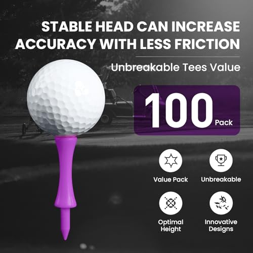 Amy Sport Golf Castle Tees Plastic Consistent Height 2 1/4 Inch Value 100 Pack, Unbreakable Step Down Reusable Tee for Par 3 Holes Practice in Orange Pink Purple - color: Purple