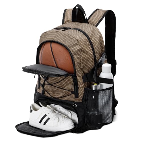 HUA ANGEL Basketball Backpack, Large Sports Bag with Separate Ball Holder & Shoe Compartment, Men/Women Gym Backpack for Basketball Soccer Volleyball - color: Brown