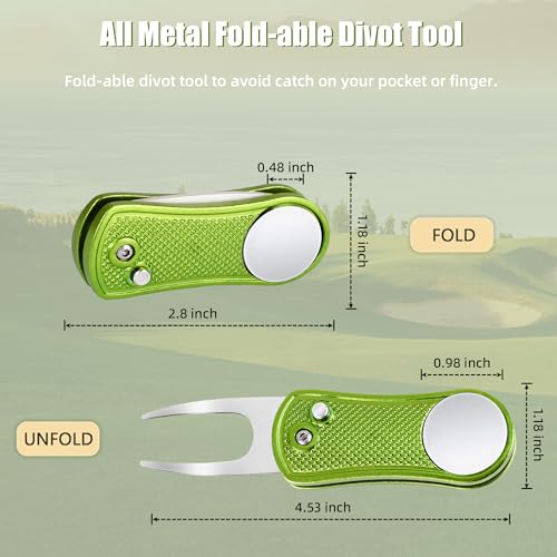 Mile High Life Golf Divot Repair Tool, All Metal Foldable Divot Tool with Pop-up Button & Magnetic Ball Marker - color: Lime Green Undulate