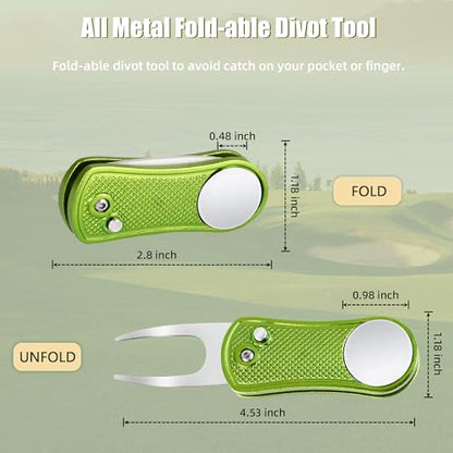 Mile High Life Golf Divot Repair Tool, All Metal Foldable Divot Tool with Pop-up Button & Magnetic Ball Marker - color: Lime Green Undulate