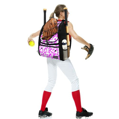 Youth Softball Equipment Bag with Vented Shoe Compartment, Baseball Bat Bag, Fence Hook, for Batting Mitten, Helmet, Teeball Gear, Adult Boys Girls Kids - color: Pink Leopard