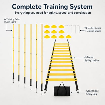 PVC Agility Ladder, 6m Speed and Agility Kit, 10 Training Cones & 6 Marker Poles, Sports Training Set with Carry Bag for Football