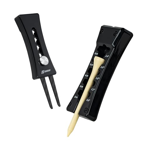 SANDIAN, All-in-1 Value Pak, Adjustable Golf Tee Height Setter with Divot Tool, Genuine Carbon Fiber Made Pitchfork, Super Lightweight, T800 Ball Marker, Hat Clip, Tees, Leather Holster, Zipper Case - color: Black