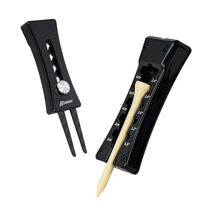 SANDIAN, All-in-1 Value Pak, Adjustable Golf Tee Height Setter with Divot Tool, Genuine Carbon Fiber Made Pitchfork, Super Lightweight, T800 Ball Marker, Hat Clip, Tees, Leather Holster, Zipper Case