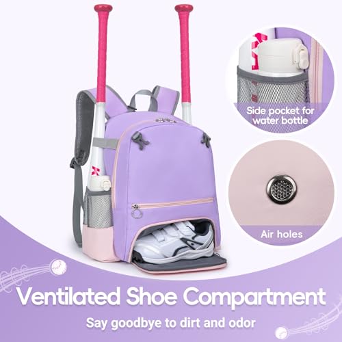 KAVIGOR 2026 Youth Baseball & Softball Bag | Ultra-Light Tball Backpack with Shoe Compartment & Helmet Holder | Skin-Soft Fabric - color: Berry Purple