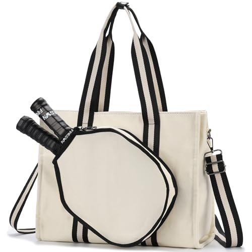 VASCHY Pickleball Tote Bags For Women With Fence Hook, Canvas Pickleball Paddle Holder Case Work/Gym/Sports Tote for 2 Rackets - color: Beige