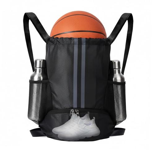 Sports Drawstring Backpack with Shoes Compartment, String Gym Bag with Wet Proof Pocket for Basketball, Soccer, Swim, Black Sport Bag for Men and Women