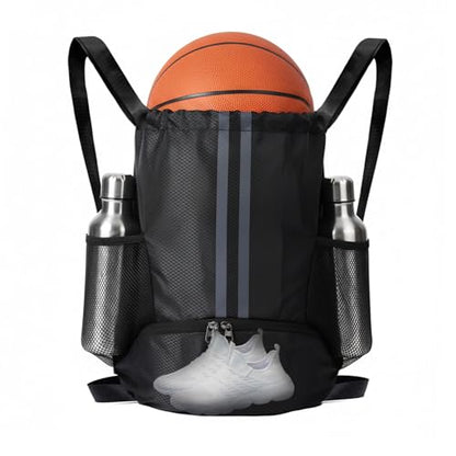 Sports Drawstring Backpack with Shoes Compartment, String Gym Bag with Wet Proof Pocket for Basketball, Soccer, Swim, Black Sport Bag for Men and Women