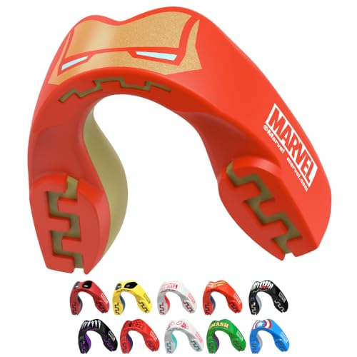 Marvel Iron Man Metallic Mouth Guard, Dual Layer Mouthguard for Youth with Case, Easy Fit Remoldable Mouthpiece for Football, Boxing, Lacrosse, MMA & All Contact Sports (Kids <11 Years, Red) - color: Iron Man, size: Junior (up to 11 Year)