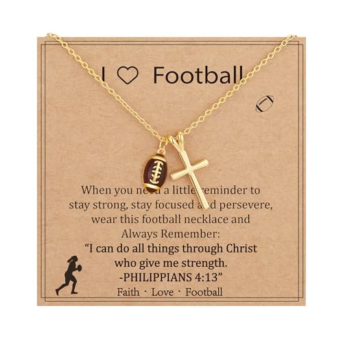 Gnamy Softball/Volleyball/Basketball/Soccer Necklace for Teen Girls Women, Gold/Silver Cross Pendant Sport Accessories Christian Religious Jewelry Gifts for Teens Kids Lovers - color: Gold, style: Football