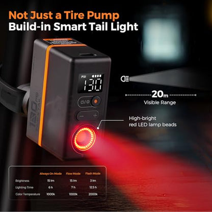 FLEXTAILGEAR Mini Portable Bike Tire Pump with Digital Gauge & Taillight, 120&130 PSI Electric Bicycle Pump, Presta and Schrader Valves, for Road, Mountain Bikes, Motorcycle, Balls