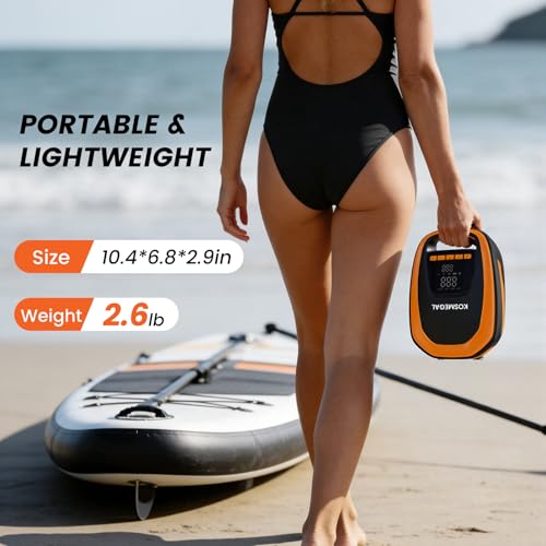 kosmegal Electric Paddle Board Pump, High Pressure SUP Pump with Inflation & Deflation, Auto-Off, 12V DC Car Connector Portable Air Pump for Inflatables and Kayaks