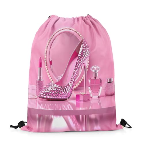 Castle Fairy Pink High Heel Drawstring Gym Bag,Rose Lipstick Foldable Waterproof Drawstring Backpack,Valentine'S Day Draw String Back Bags for Shopping,Swimming,Beach,Pink Rose - color: Pink Rose