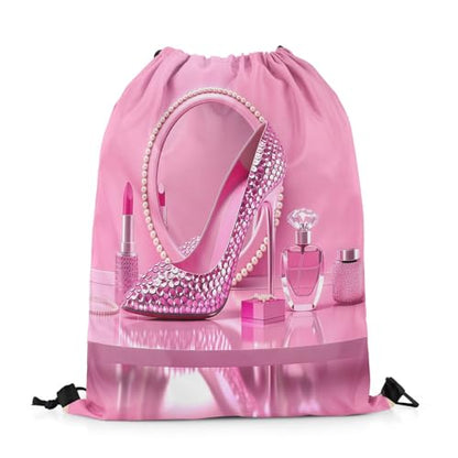 Castle Fairy Pink High Heel Drawstring Gym Bag,Rose Lipstick Foldable Waterproof Drawstring Backpack,Valentine'S Day Draw String Back Bags for Shopping,Swimming,Beach,Pink Rose - color: Pink Rose
