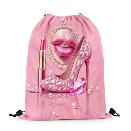 Castle Fairy Pink High Heel Drawstring Backpack,Rose Lipstick Waterproof Sports Gym Bag,Glitter Diamond and Pearl Large Capacity for Travelling,Swimming,Beach,Pink - color: Pink