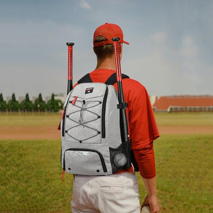 Baseball Backpack, Baseball Bag for Youth, Softball Bat Bag with Shoes Compartment, Laptop Compartment & Holds 2 Bats, Small Baseball Bat Equipment Bags for Fence Hook, Glove Holder & Helmet - color: Gray