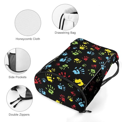 Hand Print Drawstring Backpack Gym Bag With Shoe Compartment String Bag Sport Beach Swimming Sackpack For Women Men - color: Hand Print