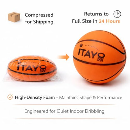 Silent Basketball Size 7 (29.5") - Airless High Bounce Indoor Foam Training Kit | Quiet Dribbling Ball for Apartments | Includes 24 Skill Challenge Cards + Stickers