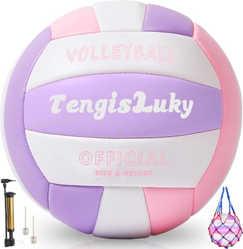 Soft Touch Volleyball Kit - Official Size 5 PU Leather Volleyball - for Outdoor/Indoor Play/Beach Game/Gym Training for Youth Teens Children Practice Volleyballs with Small Pump - color: Pink+Violet+White